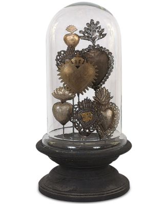 3R Studio - Tin Sacred Hearts on Wood Pedestal with Glass Cloche