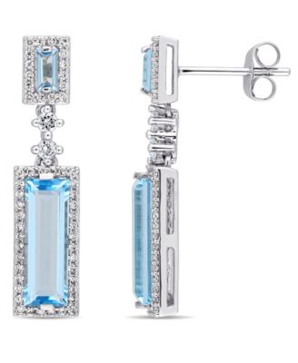 Macy's - Baguette Cut Blue Topaz (4-1/5 ct. t.w.) and Diamond (1/3 ct. t.w.) Drop Earrings in 14k White Gold