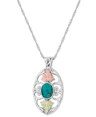 Black Hills Gold - Turquoise Pendant 18" Necklace in Sterling Silver with 12K Rose and Green Gold