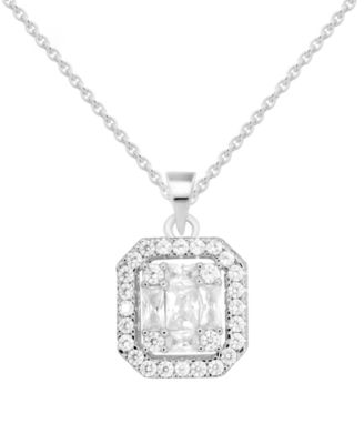 Essentials - Cubic Zirconia Rectangle Halo Pendant Necklace, 16" + 2" extender