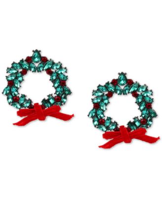 Holiday Lane - Hematite-Tone Red & Green Crystal Wreath Drop Earrings
