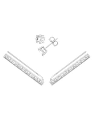 Essentials - Cubic Zirconia Stud & Pave Bar Climber Earring in Fine Silver Plate
