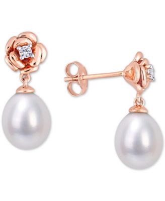 Macy's - Cultured Freshwater Pearl (8-1/2mm) & Lab-Created White Sapphire (1/8 ct. t.w.) Rose Drop Earrings in 18k Rose Gold-Plated Sterling Silver