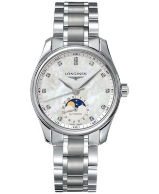 Longines - Women's Swiss Automatic Master Moonphase Diamond (1/20 ct. t.w.) Stainless Steel Bracelet Watch 34mm