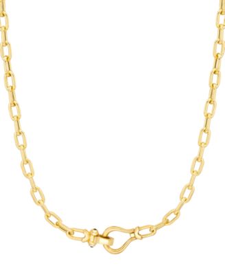 Italian Gold - Black Spinel Horseshoe Clasp Paperclip Link 18" Chain Necklace in 14k Gold-Plated Sterling Silver