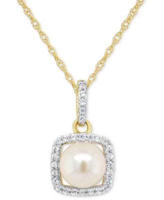 Macy's - Onyx & Lab-Grown White Sapphire (1/6 ct. t.w.) Halo 18" Pendant Necklace in 10k Gold (Also in Cultured Freshwater Pearl)