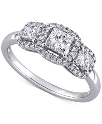 Macy's - Diamond Princess Halo Three Stone Engagement Ring (1 ct. t.w.) in 14k White Gold