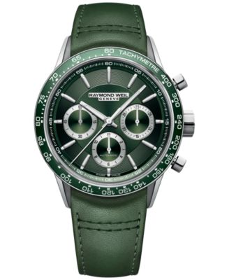 Raymond Weil - Men's Swiss Automatic Chronograph Freelancer Green Leather Strap Watch 43.5mm