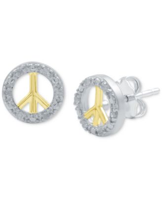 Macy's - Diamond Peace Sign Stud Earrings (1/10 ct. t.w.) in Sterling Silver & 14k Gold-Plate