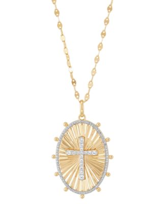 Macy's - Lab-Grown White Sapphire (1/4 ct. t.w.) & Diamond Accent Cross Oval Pendant Necklace in 14k Gold-Plated Sterling Silver, 16" + 2" extender