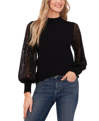 CeCe - Women's Sheer-Sequin-Sleeve Mock-Neck Cotton Sweater