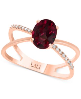 LALI Jewels - Rhodolite (1/3 ct. t.w.) & Diamond (1/20 ct. t.w.) X Ring in 14k Rose Gold