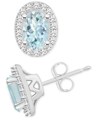 Macy's - Aquamarine (3/4 ct. t.w.) & Diamond (1/6 ct. t.w.) Oval Halo Stud Earrings in Sterling Silver (Also in Opal)
