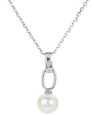 Macy's - Cultured Freshwater Pearl (7-1/2mm) & Lab-Created White Sapphire Accent 18" Pendant Necklace in Sterling Silver