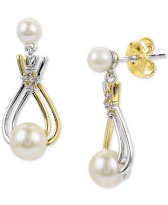 Macy's - Cultured Freshwater Pearl (6mm) & Lab-Created White Sapphire (1/20 ct. t.w.) Drop Earrings in Sterling Silver & 14k Gold-Plate