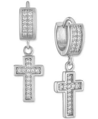 Esquire Men's Jewelry - Cubic Zirconia Dangle Cross Huggie Hoop Earrings in Sterling Silver