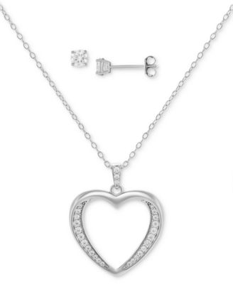 Giani Bernini - 2-Pc. Set Cubic Zirconia Open Heart Pendant Necklace & Solitaire Stud Earrings in Sterling Silver