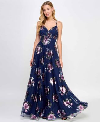 City Studios - Juniors' Strappy Floral Metallic Mesh Gown