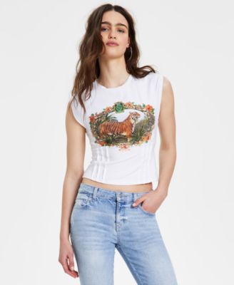 GUESS - Women's Sleeveless Tiger-Graphic Corset T-Shirt