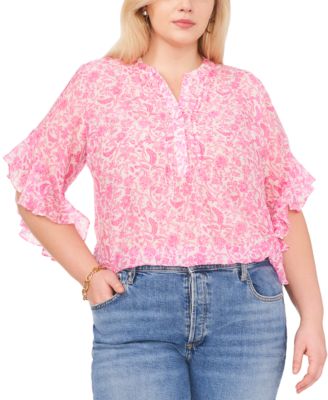 Vince Camuto - Plus Size Printed Split-Neck Flutter-Sleeve Top