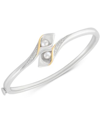 Macy's - Cultured Freshwater Pearl (6 x 4mm) & Diamond (1/10 ct. t.w.) Flower Bud Inspired Bangle Bracelet in Sterling Silver & 14k Gold