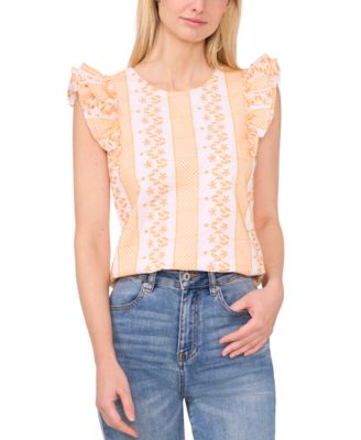 CeCe - Women's Embroidered Crewneck Ruffle Sleeve Blouse