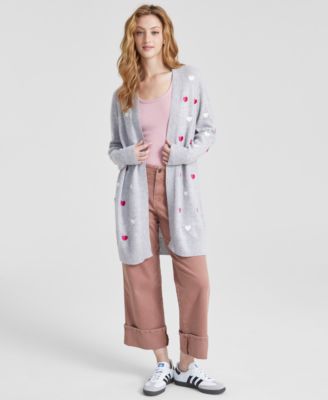 Charter Club - Women's Cashmere Heart-Embroidered Long Open Cardigan