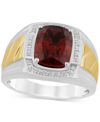 Macy's - Men's Garnet (4-3/4 ct. t.w.) & Diamond (1/10 ct. t.w.) Halo Ring in Sterling Silver & 14k Gold-Plate