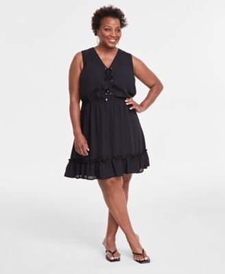 I.N.C. International Concepts - Plus Size Solid Sleeveless Tie-Front Elastic-Waist Tiered Dress
