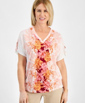 JM Collection - Petite Ombre Flora Printed Tab-Cuff Top