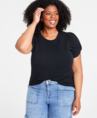 On 34th - Trendy Plus Size Knot-Detail Puff-Sleeve Top