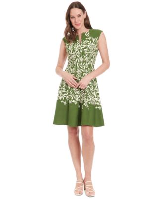 London Times - Petite Printed Split-Neck Fit & Flare Dress