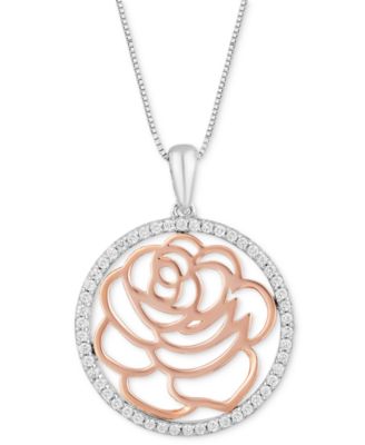 Disney Enchanted Vault - Diamond Openwork Belle Rose Pendant Necklace (1/5 ct. t.w.) in Sterling Silver & Rose Gold-Plate, 16" + 2" extender