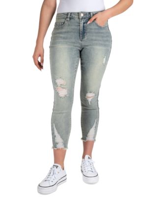 Indigo Rein - Juniors' Mid-Rise Destructed Curvy Crop Jeans
