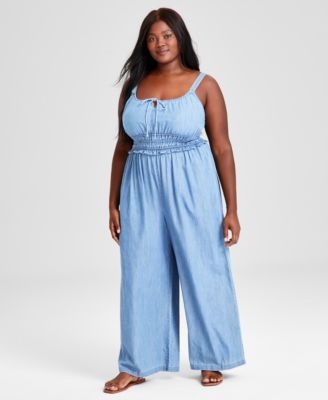 And Now This - Trendy Plus Size Chambray Wide-Leg Jumpsuit
