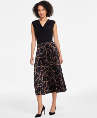 Anne Klein - Women's Chain-Print Pull-On Pleated Midi Skirt
