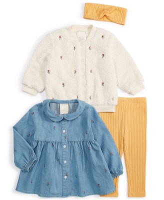 First Impressions - Baby Girls Embroidered Faux-Sherpa Jacket & Headband, Chambray Tunic & Leggings Set