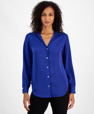 T Tahari - Women's Satin Button-Front Long-Sleeve Shirt