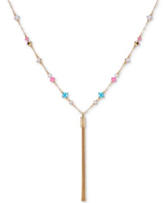 GUESS - Gold-Tone Multicolor Crystal & Chain Tassel Lariat Necklace, 26" + 2" extender