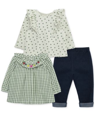 Little Me - Baby Girls 3-Pc. Gingham Top, Knit Ribbed Dot Top & Knit Denim Pants
