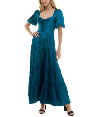 Crystal Doll - Juniors' Puff-Sleeve Crinkle Satin Dress