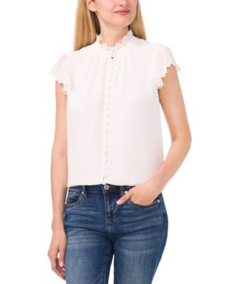 CeCe - Women's Scalloped Flutter-Sleeve Button-Down Blouse