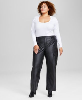 And Now This - Trendy Plus Size Faux-Leather Cargo Pants