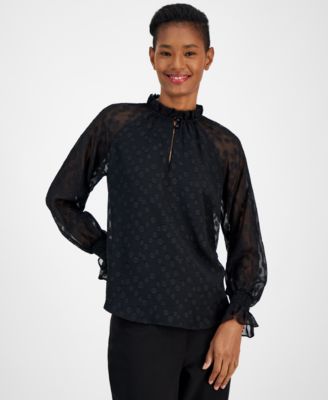 Anne Klein - Women's Clip-Dot Ruffled-Trim Blouse