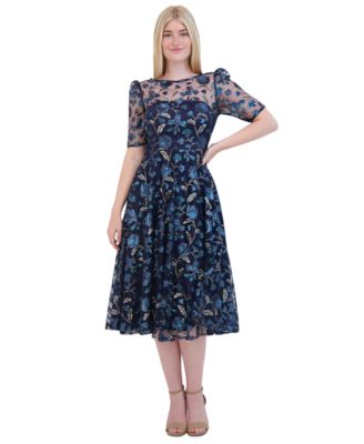 Eliza J - Women's Floral Sequin Puff-Sleeve Fit & Flare Dress