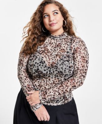 Bar III - Trendy Plus Size Cheetah-Print Mesh Mock-Neck Top