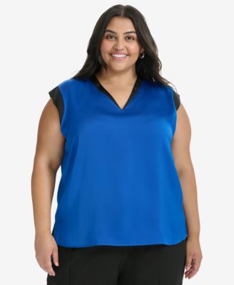 DKNY - Plus Size Contrast-Trim V-Neck Blouse