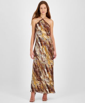 1.STATE - Women's Printed Lace-Trim Halter Sleeveless Maxi Dress