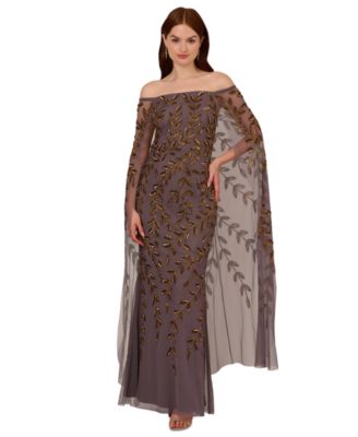 Adrianna Papell - Women's Beaded Off-The-Shoulder Cape Dress