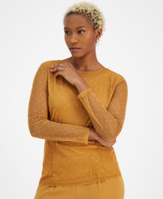 Bar III - Women's Dewdrop-Embellished Long-Sleeve Mesh Top